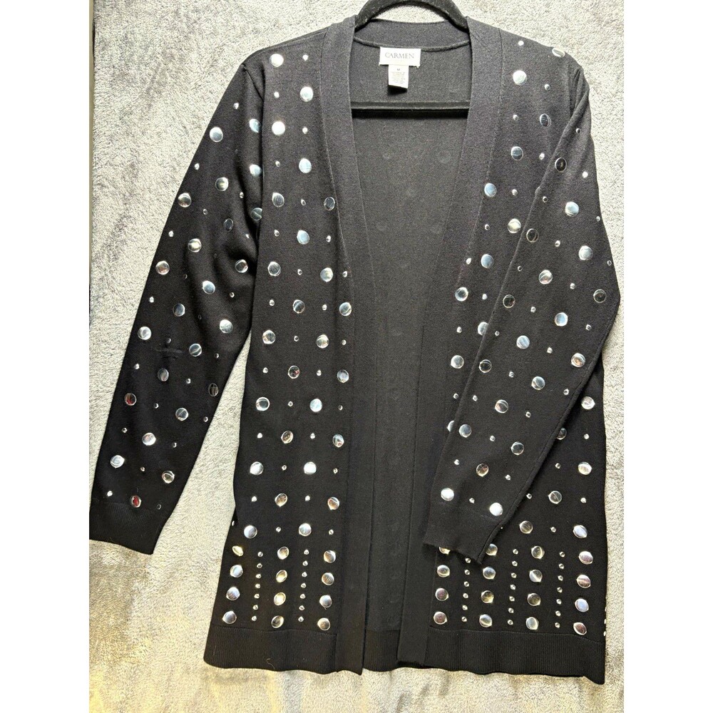 Carmen Marc Valvo Black Studded Open Front Knit Polka Dot Cardigan Sweater M
